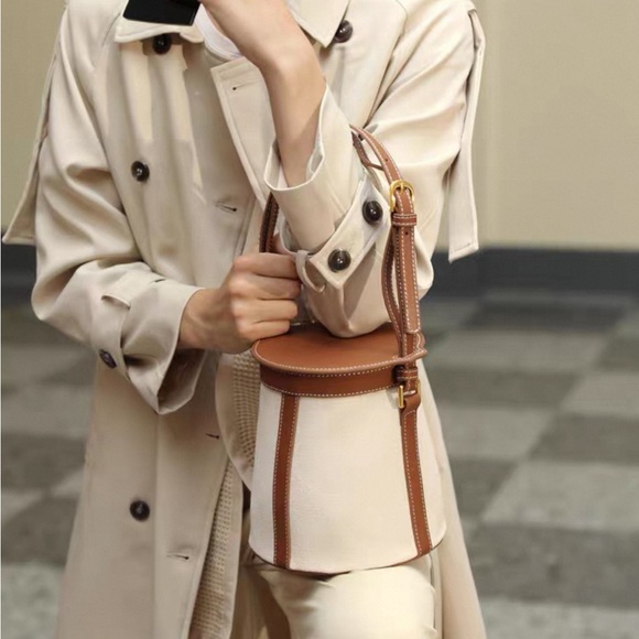 Canvas Leather Trim Bucket Bag Adjustable Shoulder‎ & Crossbody Bag Casual Bag - Picture 6 of 9